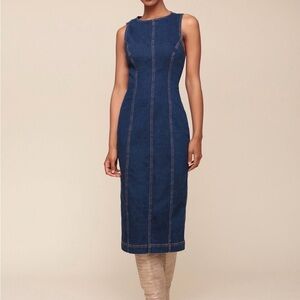 Avec Les Filles Dark Blue Denim Midi Sheath Dress
